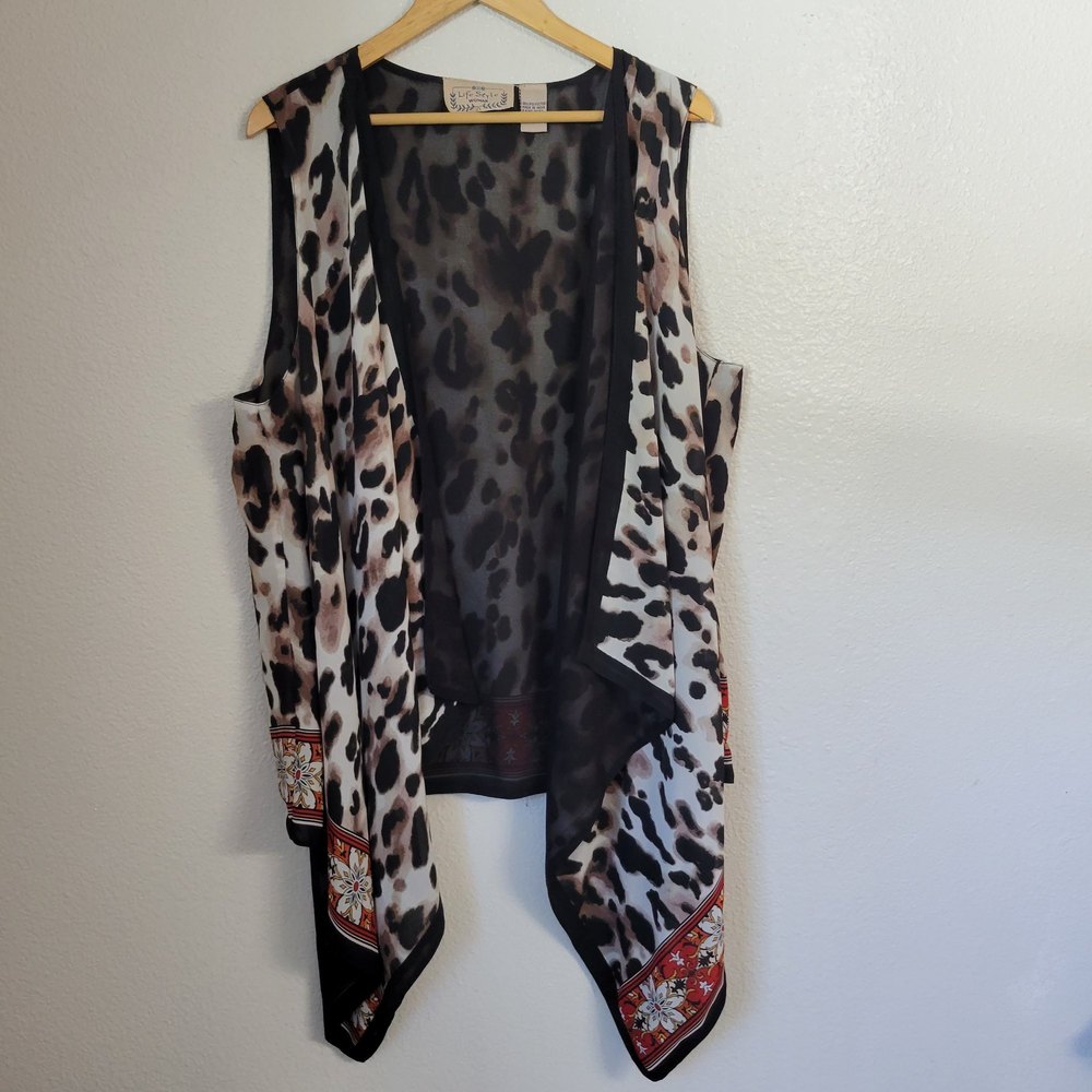 Life style Woman Draped Open Front Sleeveless Cardigan Vest Leopard Print 1X